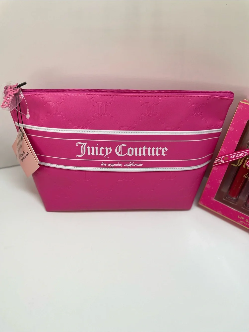 Juicy Couture Pink Lip Gloss Set with Matching Pink Makeup Bag 12x8